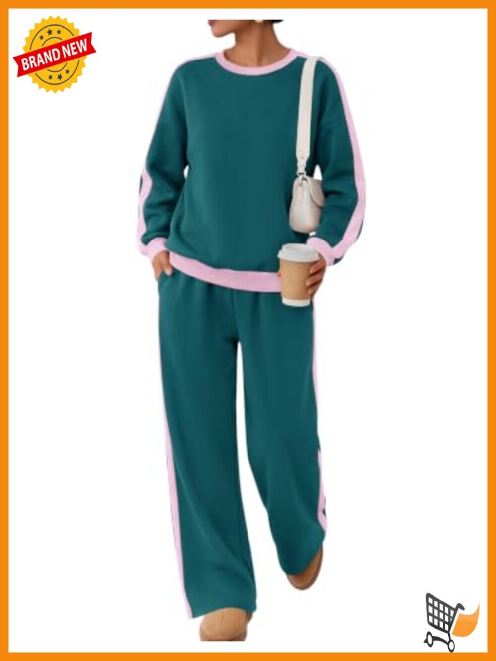 LOMON Fleece Lined 2 Piece Sweatsuit Set Oversized Crewneck Wide Leg Sweatpants